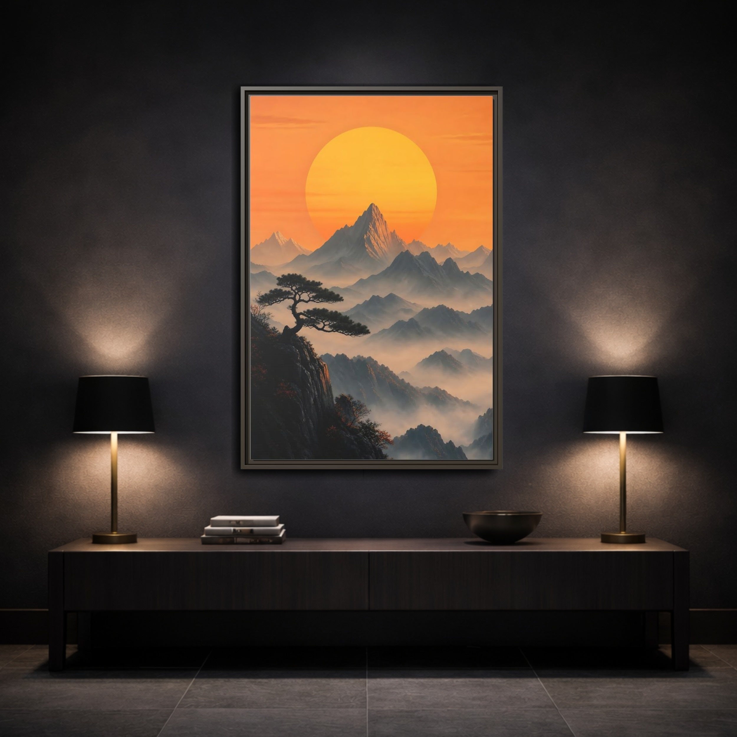 Mockup 3. Nature Mountain Landscape Orange Mountain View shown as stretched canvas wall art