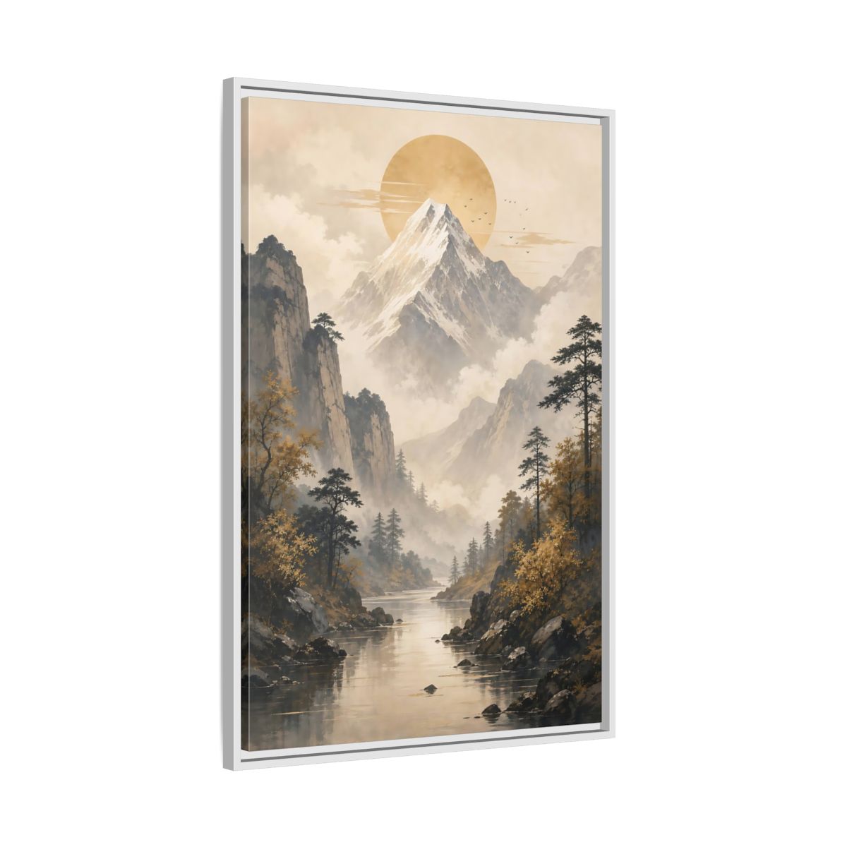 Side Mockup 9. Nature Mountain Landscape Pale Gold Mountain shown as stretched canvas wall art