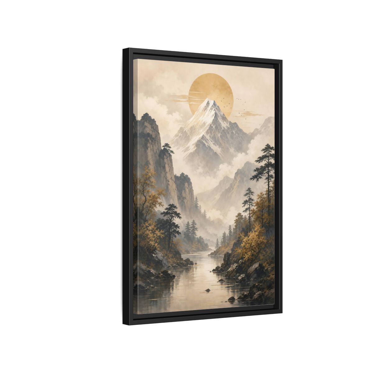 Side Mockup 3. Nature Mountain Landscape Pale Gold Mountain shown as stretched canvas wall art