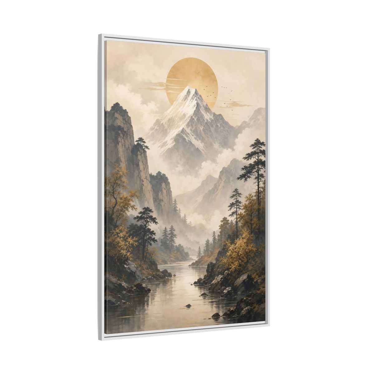 Side Mockup 7. Nature Mountain Landscape Pale Gold Mountain shown as stretched canvas wall art