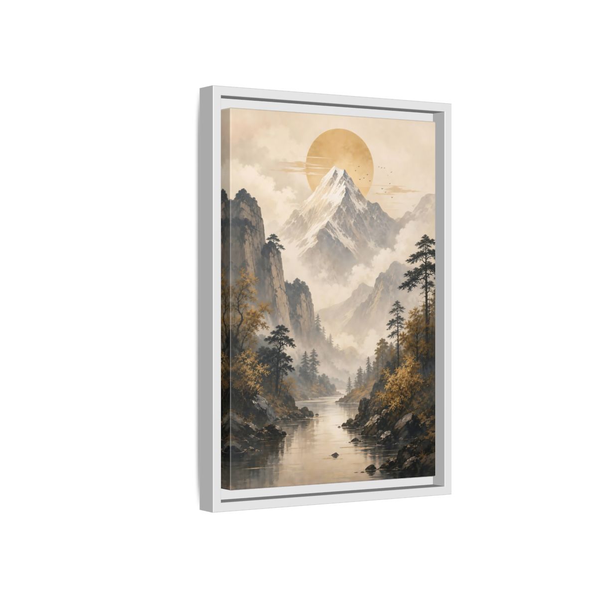 Side Mockup 4. Nature Mountain Landscape Pale Gold Mountain shown as stretched canvas wall art