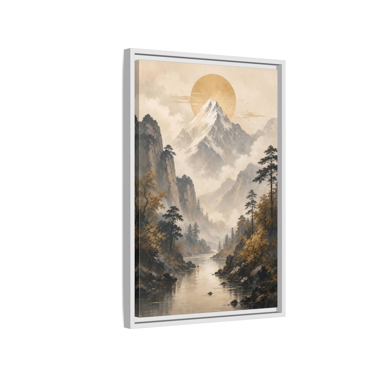 Side Mockup 1. Nature Mountain Landscape Pale Gold Mountain shown as stretched canvas wall art