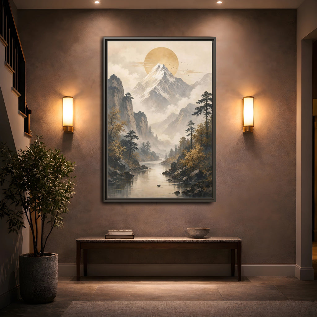 Mockup 2. Nature Mountain Landscape Pale Gold Mountain shown as stretched canvas wall art