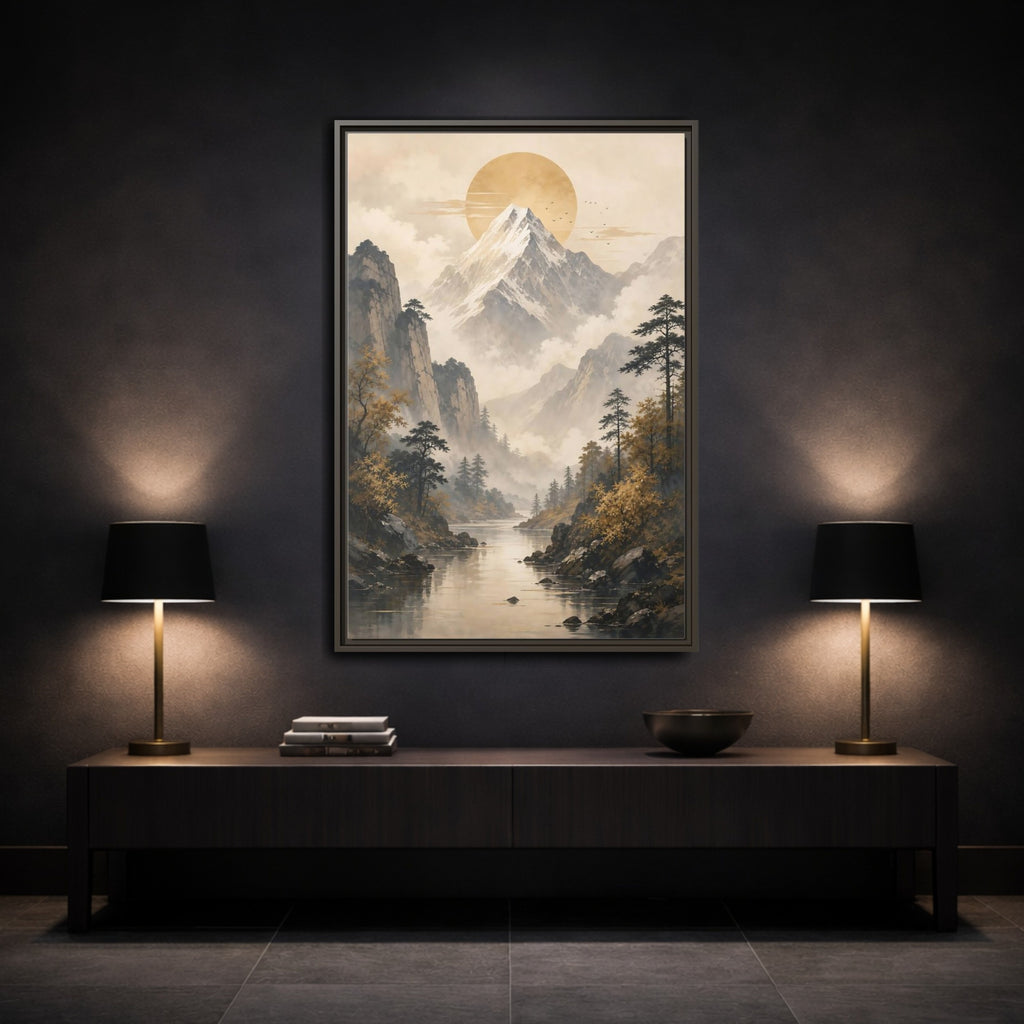 Mockup 3. Nature Mountain Landscape Pale Gold Mountain shown as stretched canvas wall art