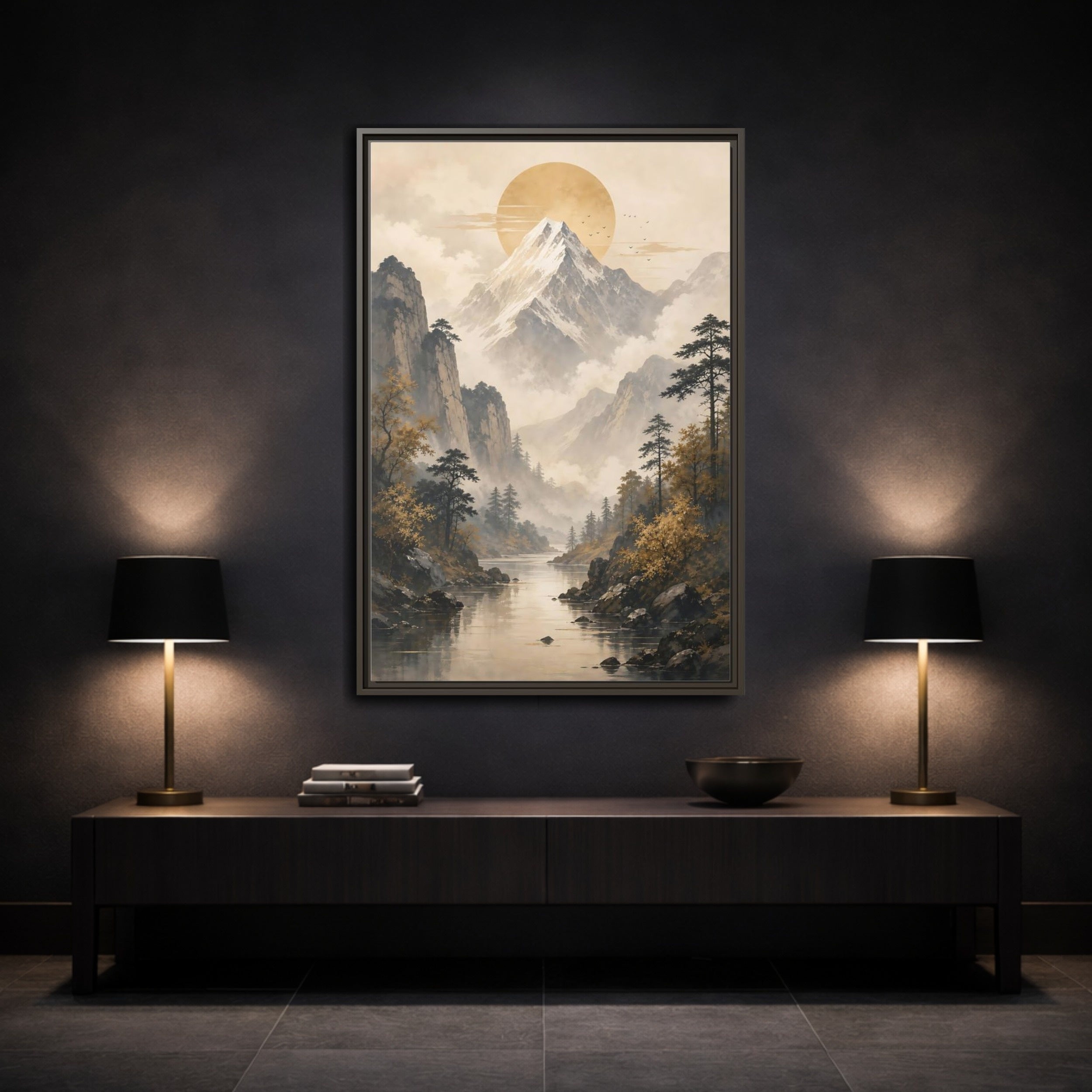 Mockup 3. Nature Mountain Landscape Pale Gold Mountain shown as stretched canvas wall art