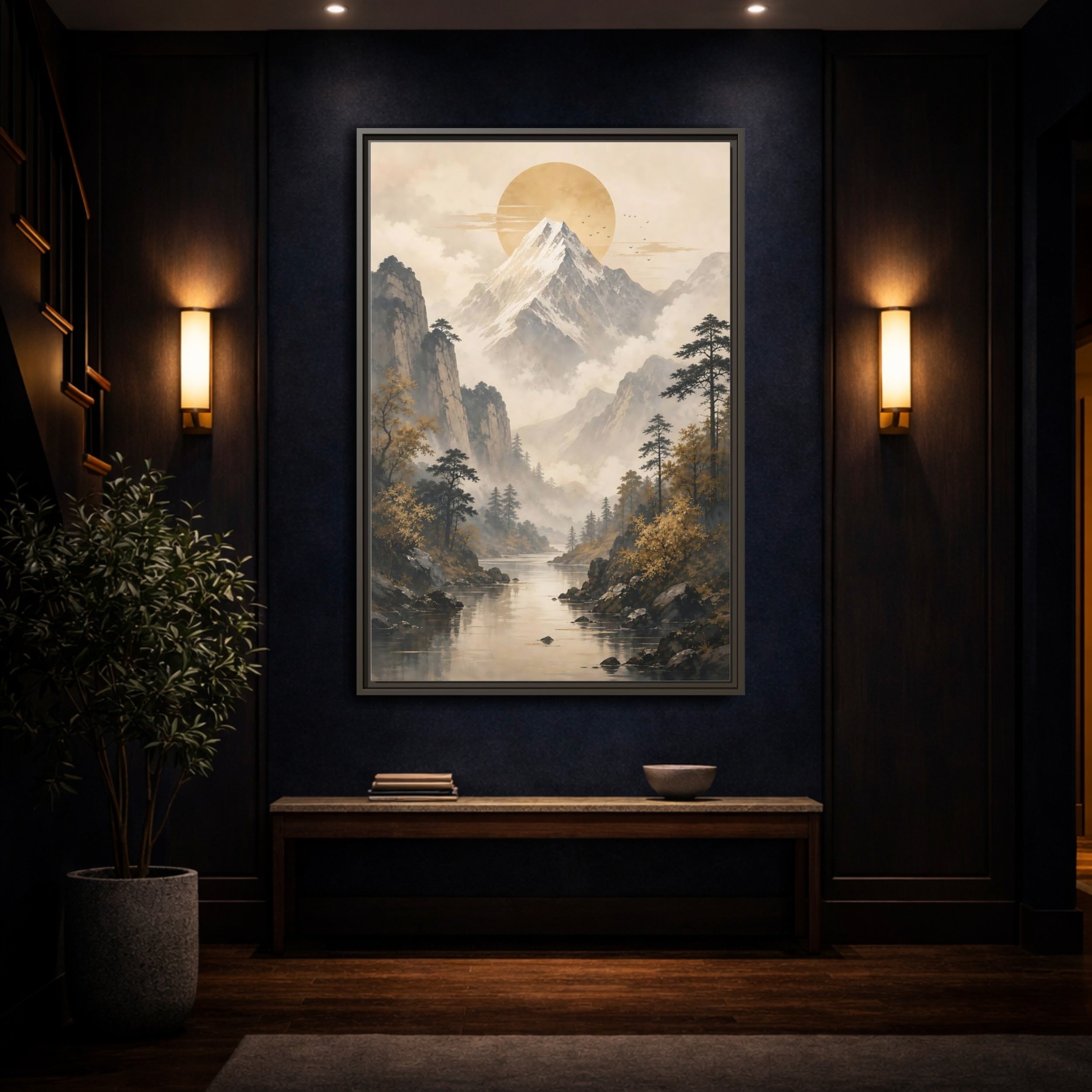 Mockup 4. Nature Mountain Landscape Pale Gold Mountain shown as stretched canvas wall art