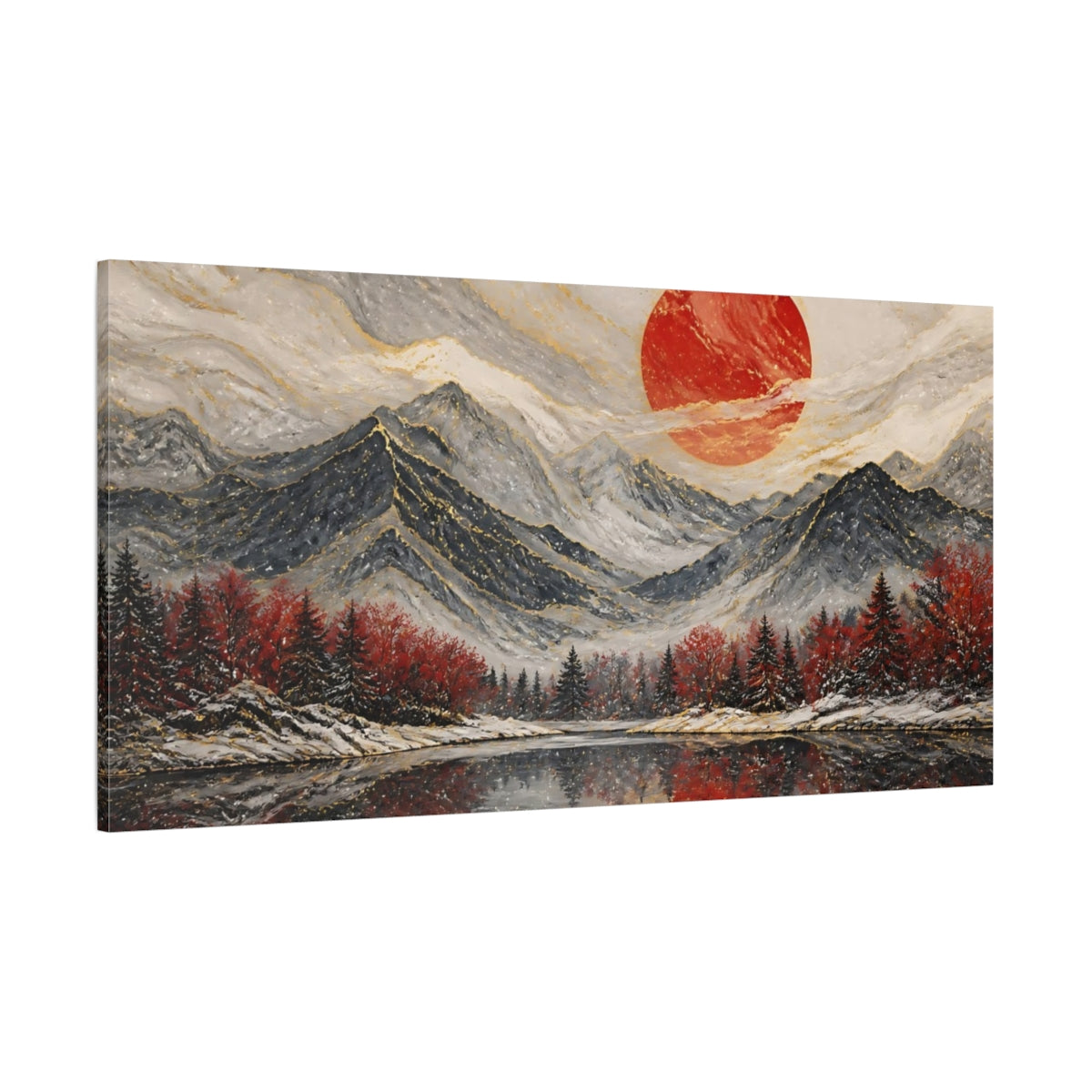 Side Mockup 2. Nature Mountain Landscape Red Gold Landscape shown as stretched canvas wall art