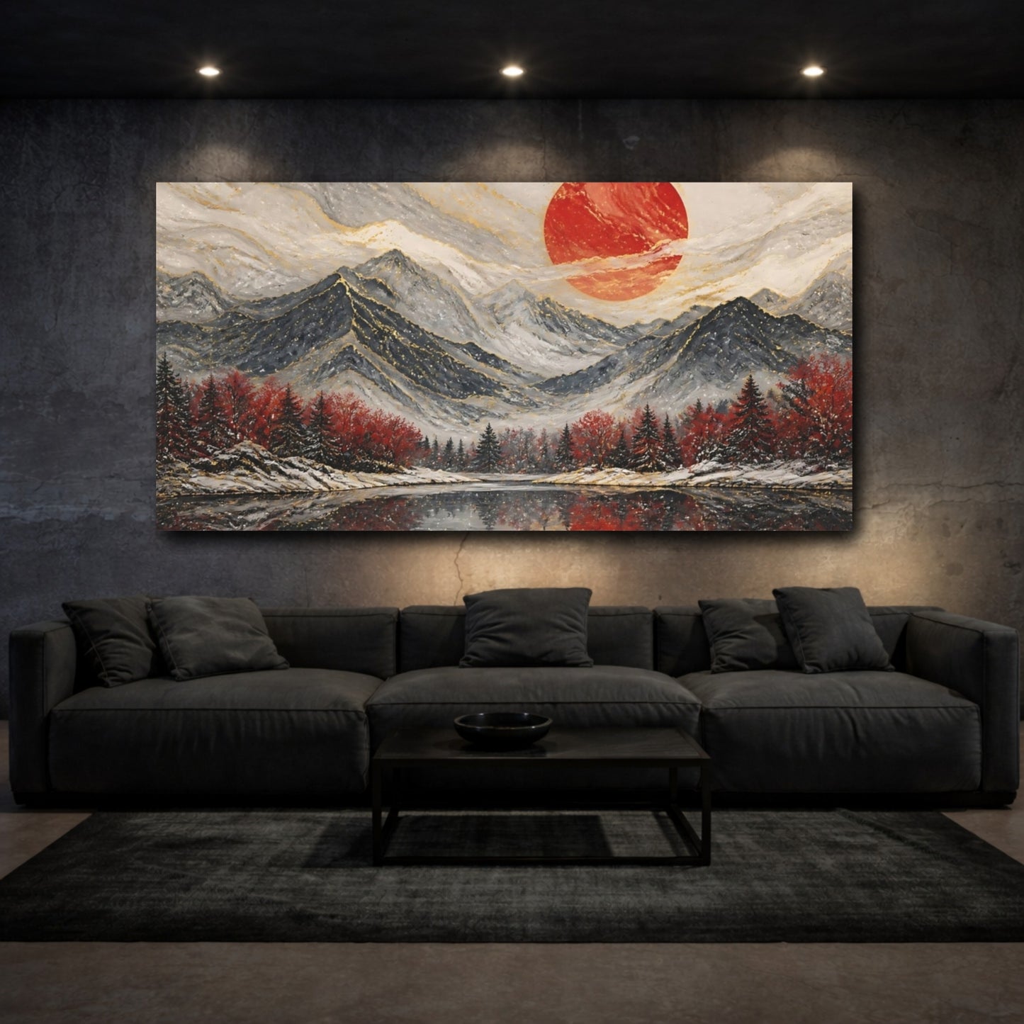 Mockup 3. Nature Mountain Landscape Red Gold Landscape shown as stretched canvas wall art