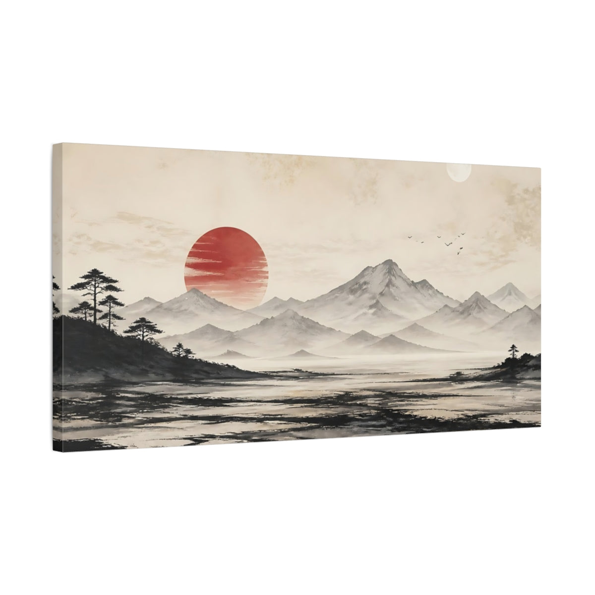 Side Mockup 1. Nature Mountain Landscape Red Sun Landscape shown as stretched canvas wall art