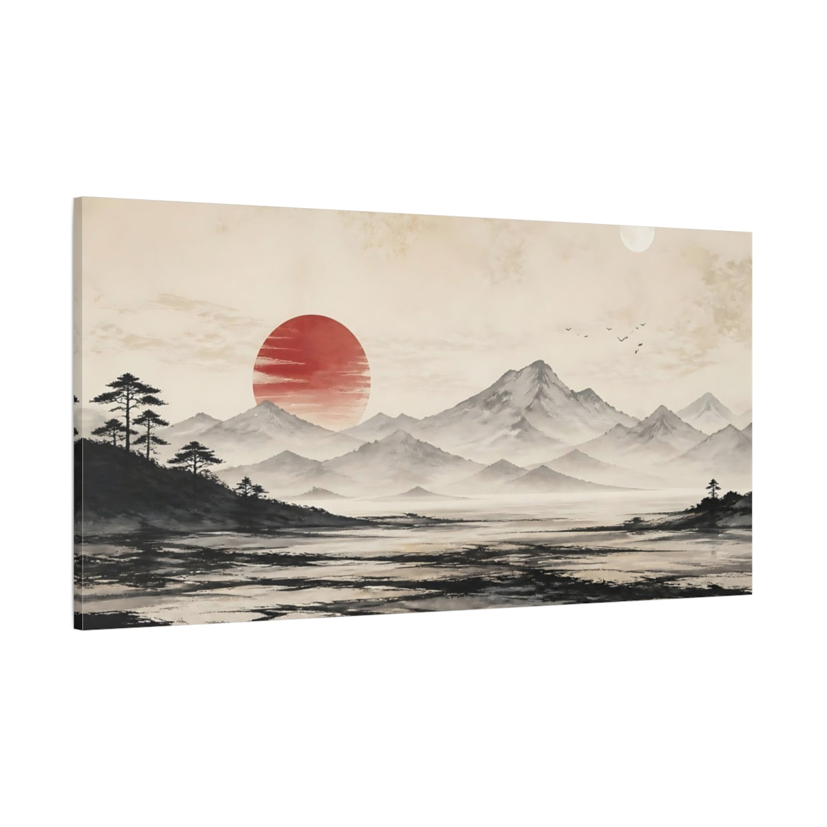 Side Mockup 2. Nature Mountain Landscape Red Sun Landscape shown as stretched canvas wall art