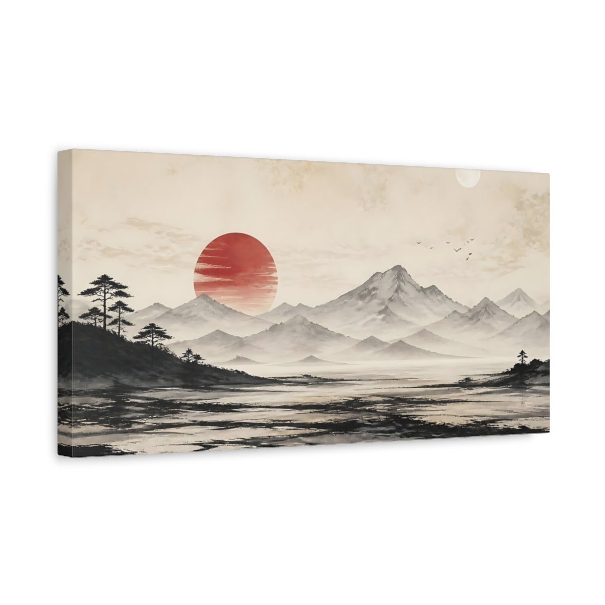 Side Mockup 3. Nature Mountain Landscape Red Sun Landscape shown as stretched canvas wall art