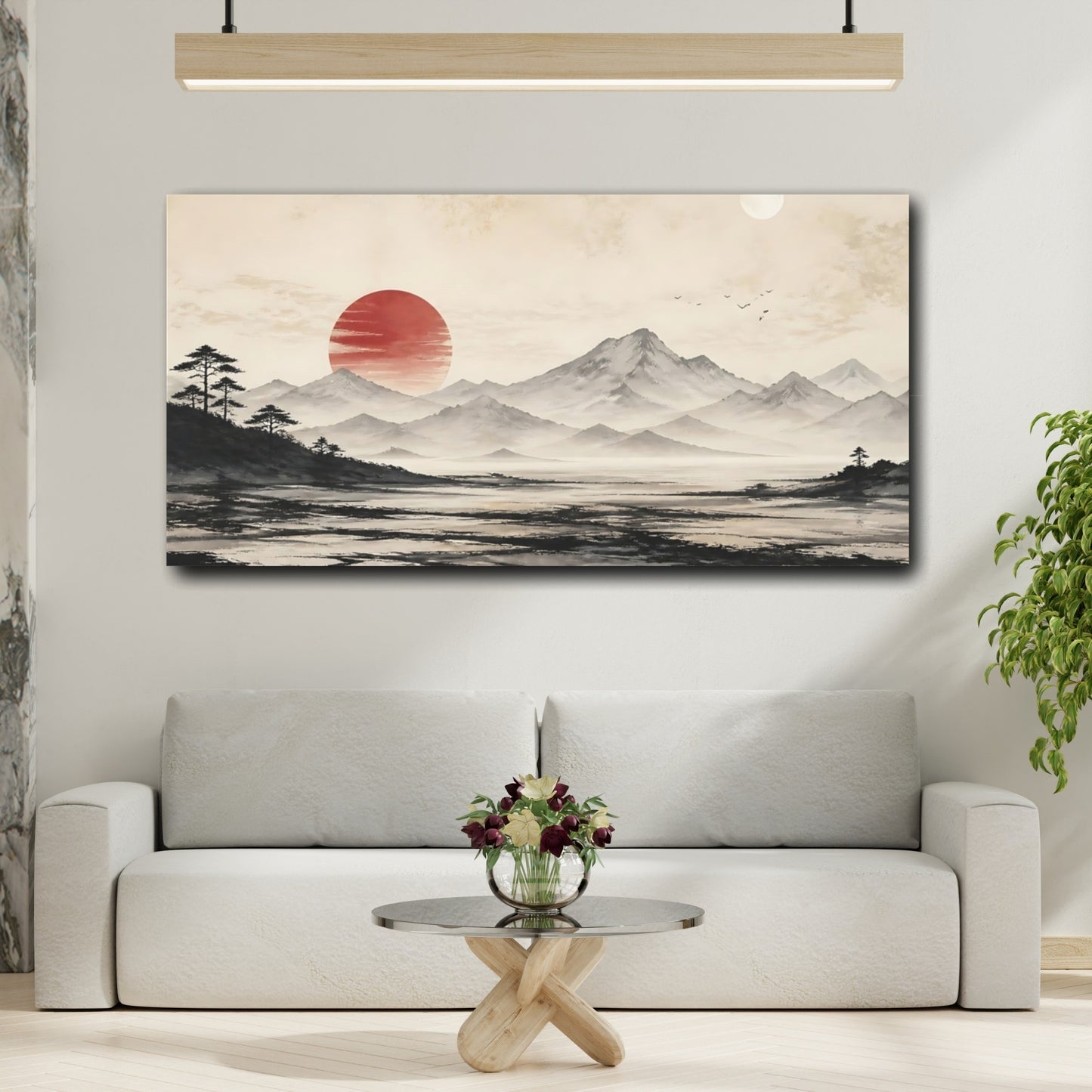 Mockup 2. Nature Mountain Landscape Red Sun Landscape shown as stretched canvas wall art