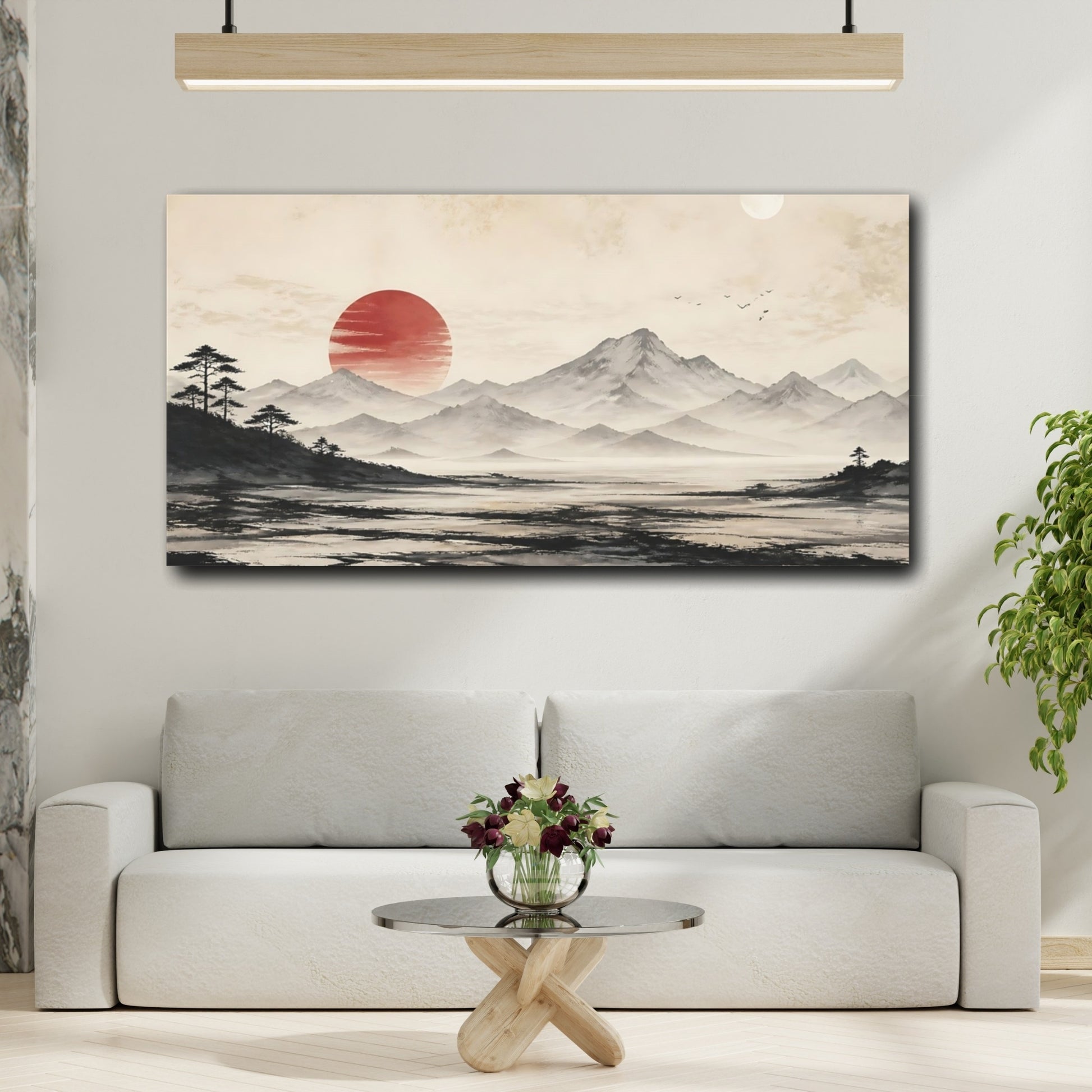 Mockup 2. Nature Mountain Landscape Red Sun Landscape shown as stretched canvas wall art