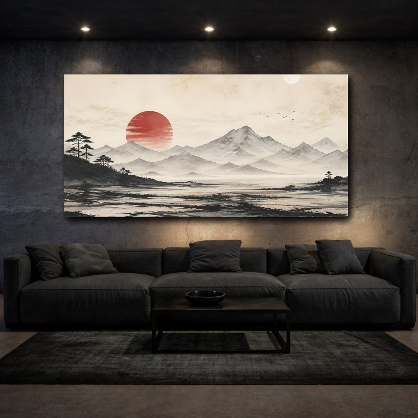 Mockup 3. Nature Mountain Landscape Red Sun Landscape shown as stretched canvas wall art