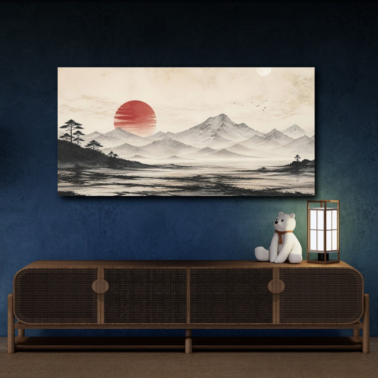 Mockup 4. Nature Mountain Landscape Red Sun Landscape shown as stretched canvas wall art