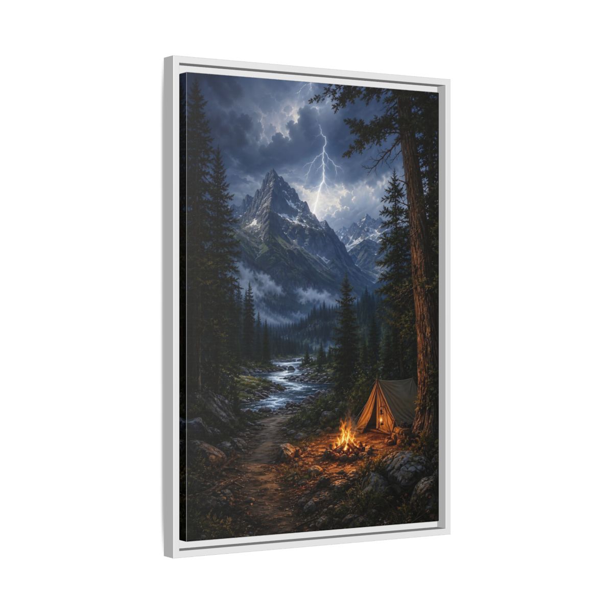 Side Mockup 10. Nature Mountain Landscape Mountain Storm Camp shown as stretched canvas wall art