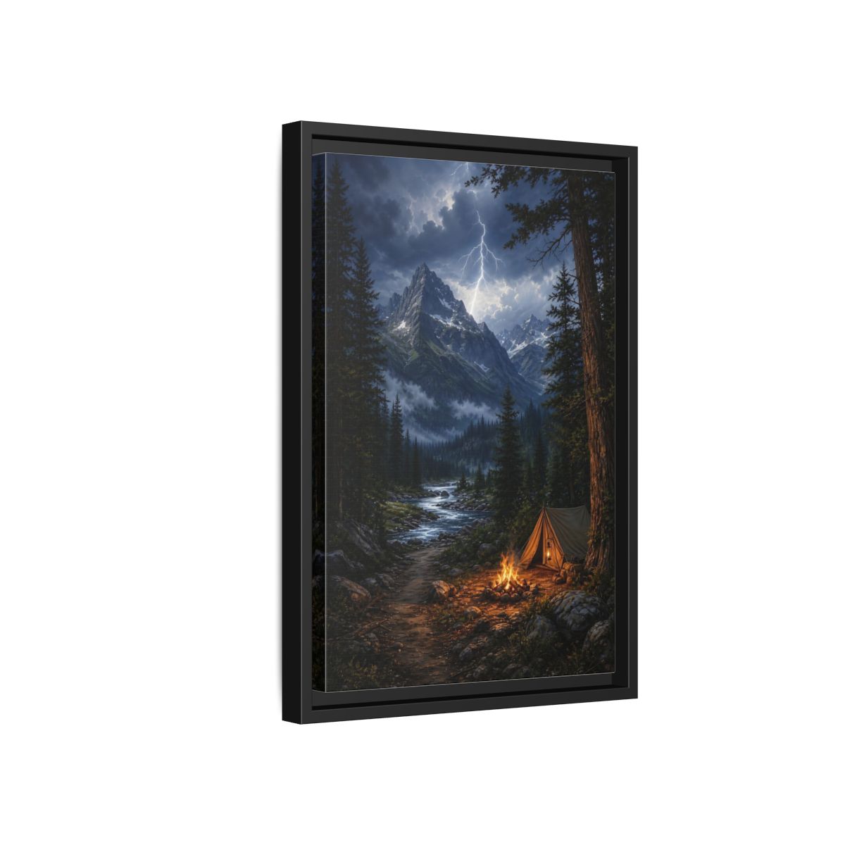 Side Mockup 6. Nature Mountain Landscape Mountain Storm Camp shown as stretched canvas wall art