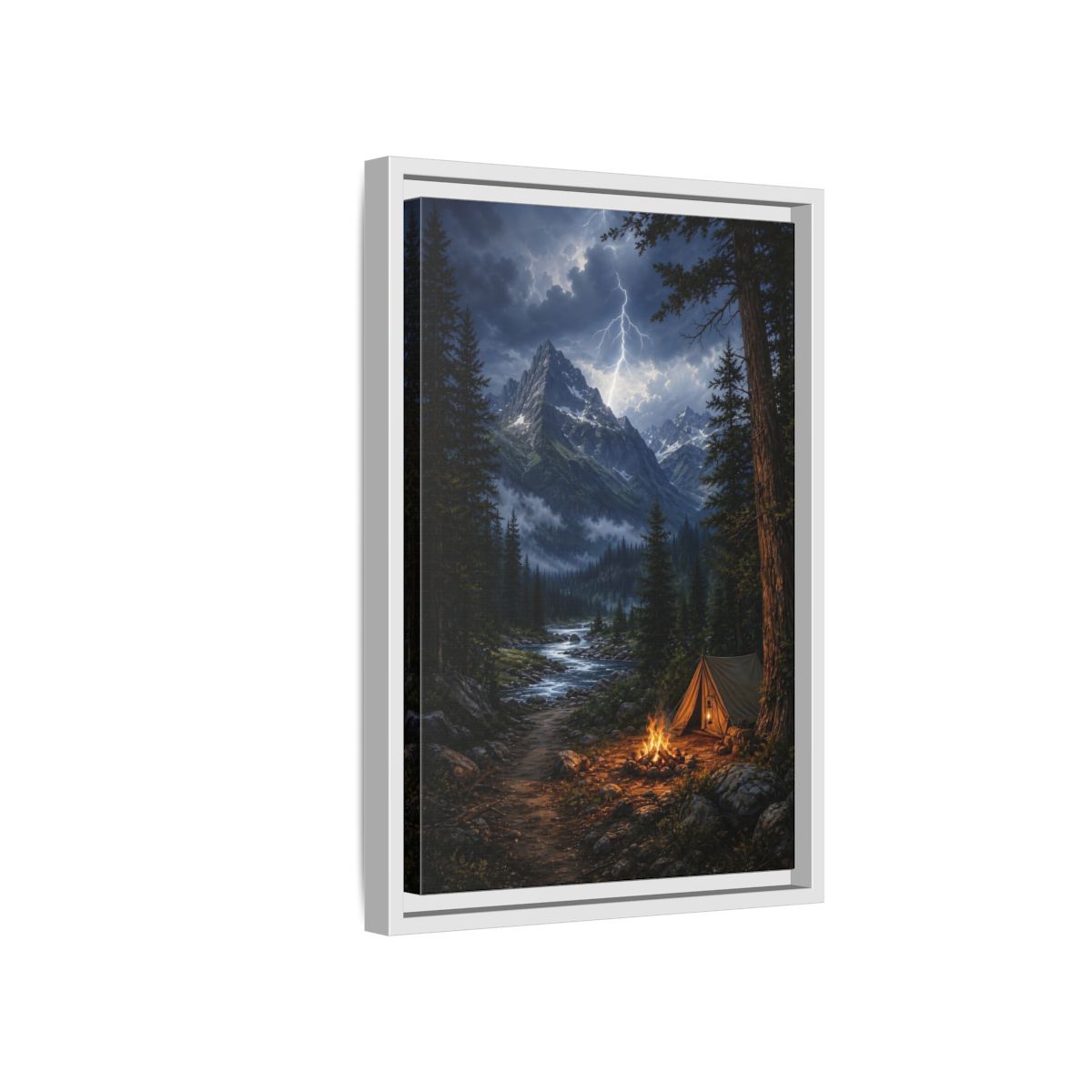 Side Mockup 4. Nature Mountain Landscape Mountain Storm Camp shown as stretched canvas wall art