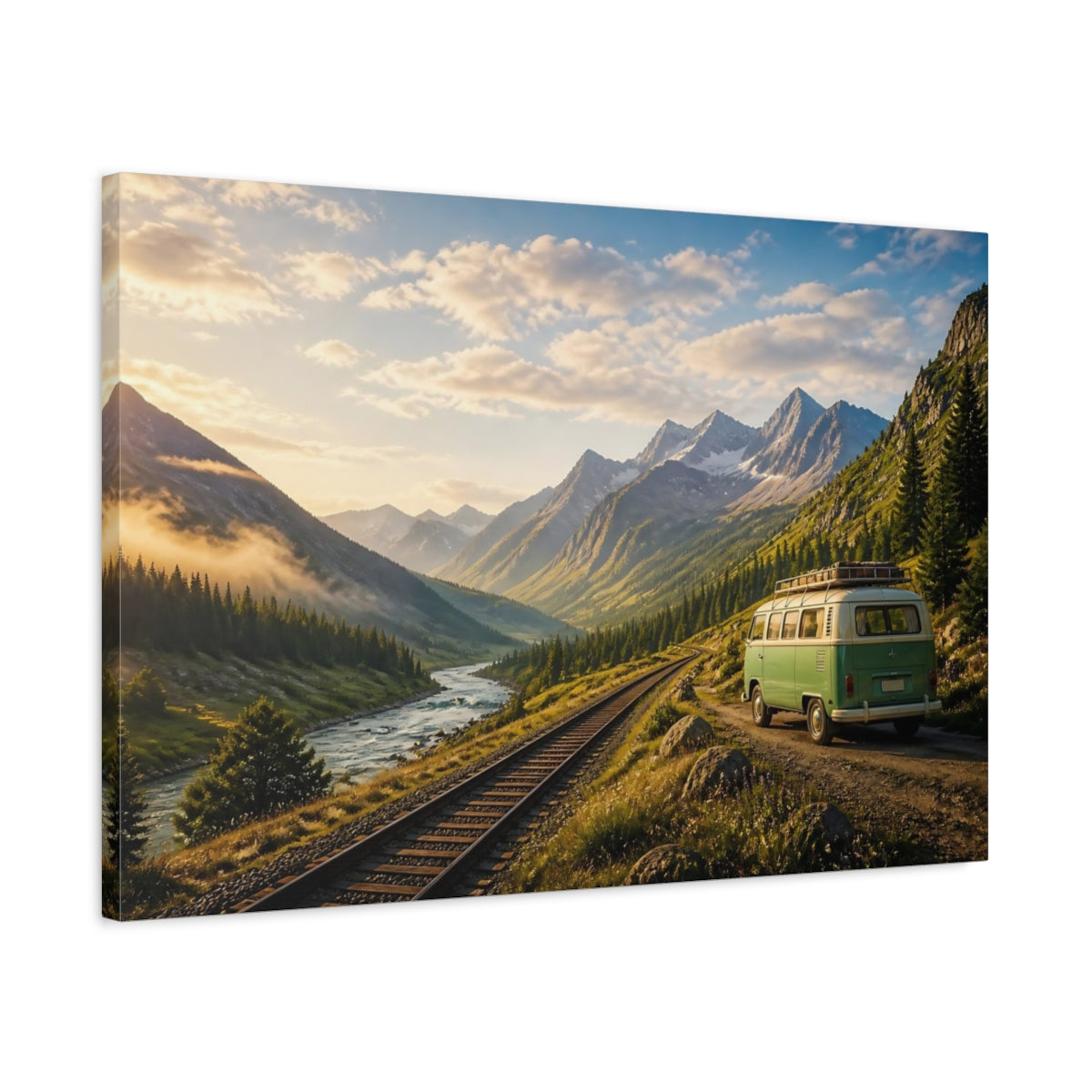 Side Mockup 2. Nature Mountain Landscape Mountain Landscape Van shown as stretched canvas wall art