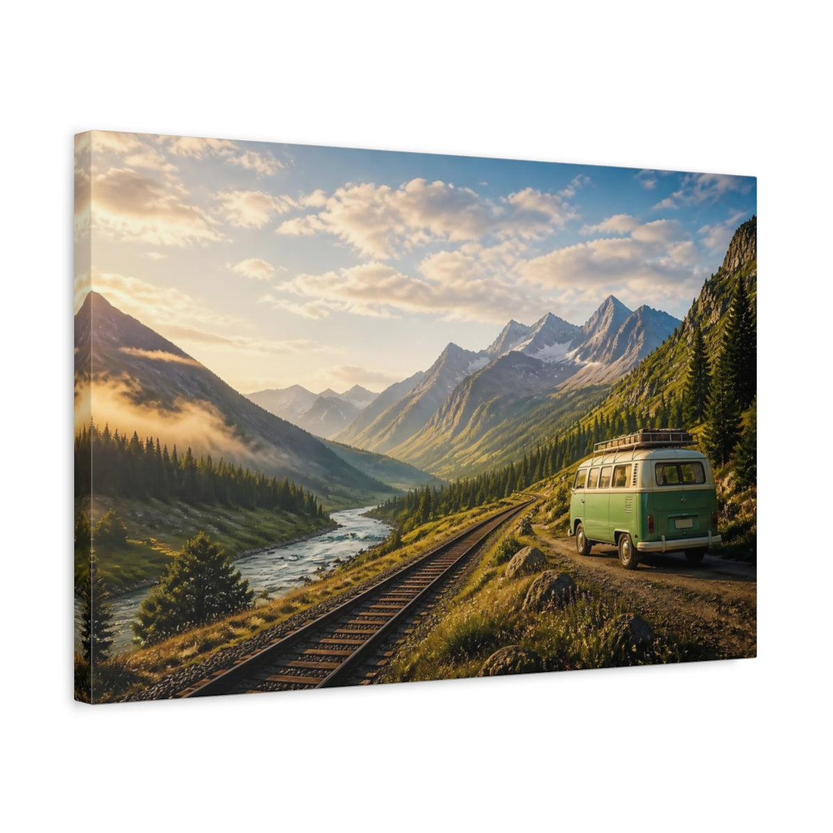 Side Mockup 3. Nature Mountain Landscape Mountain Landscape Van shown as stretched canvas wall art