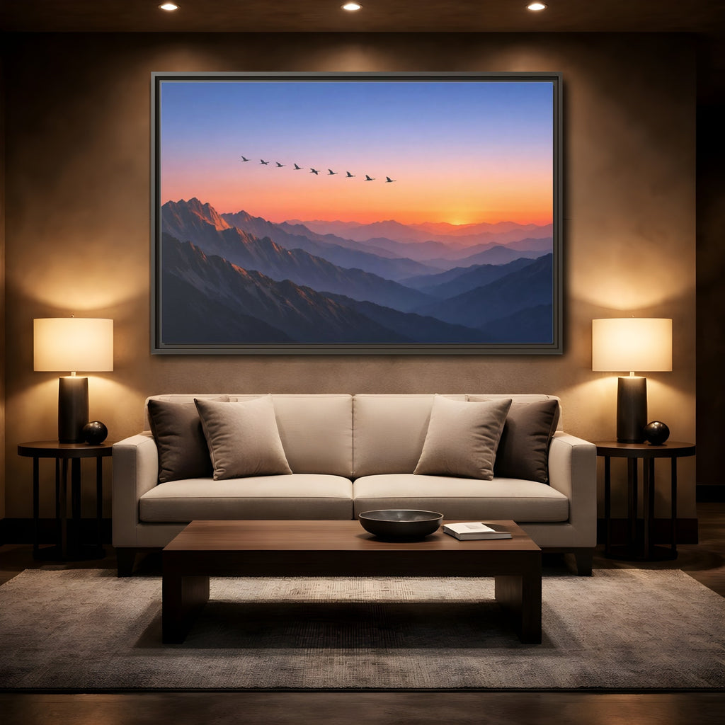 Mockup 2. Nature Mountain Landscape Vibrant Mountain Sunset shown as stretched canvas wall art