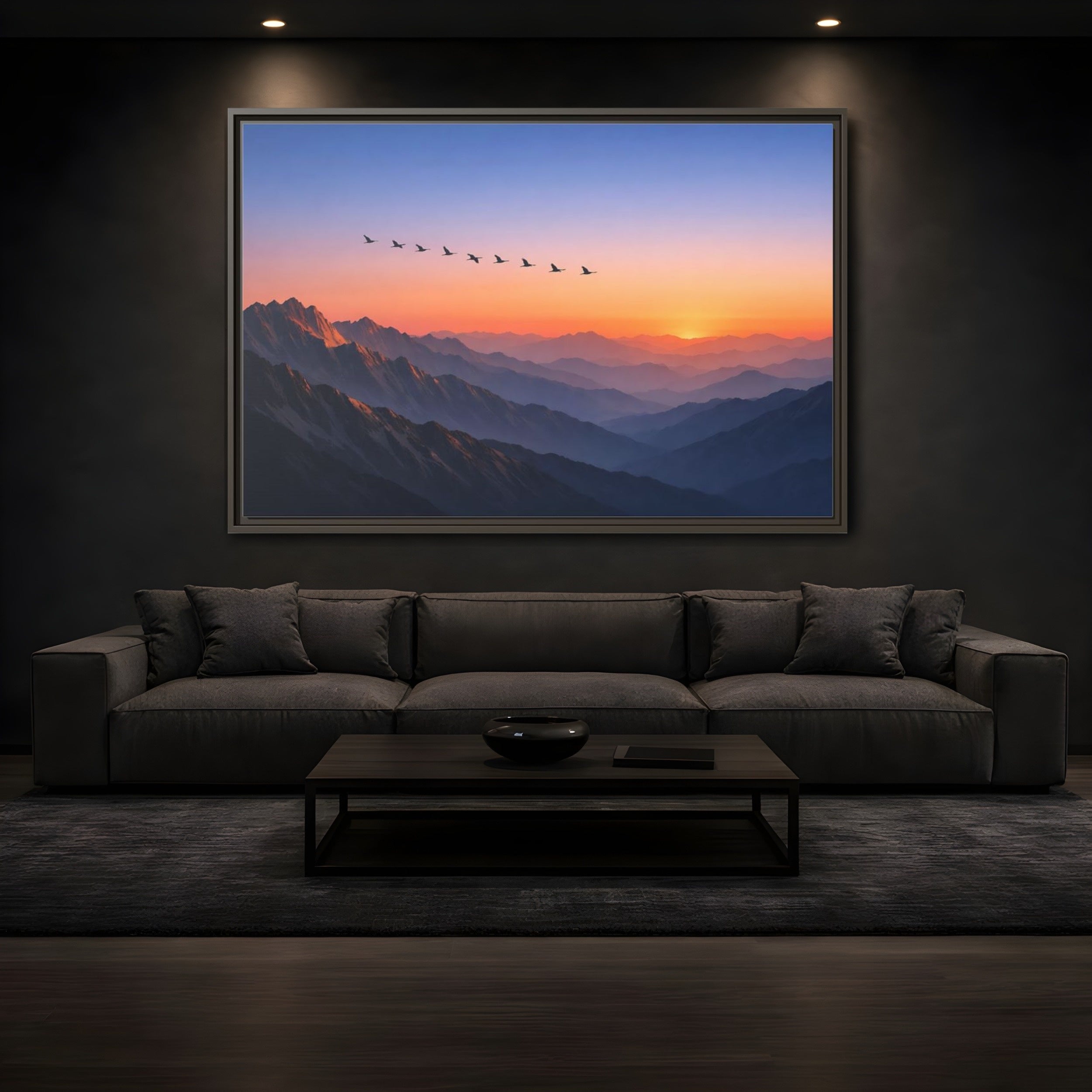 Mockup 3. Nature Mountain Landscape Vibrant Mountain Sunset shown as stretched canvas wall art