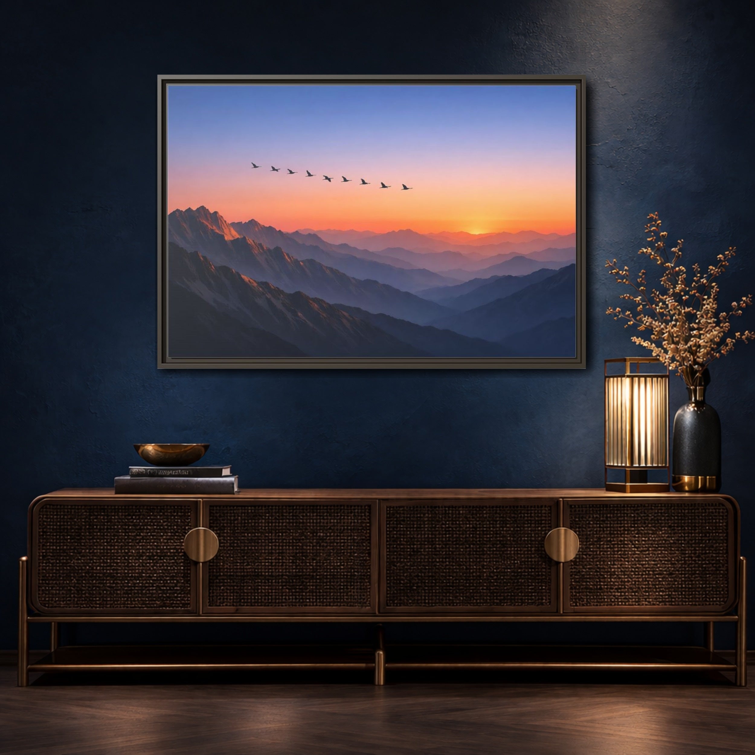 Mockup 4. Nature Mountain Landscape Vibrant Mountain Sunset shown as stretched canvas wall art