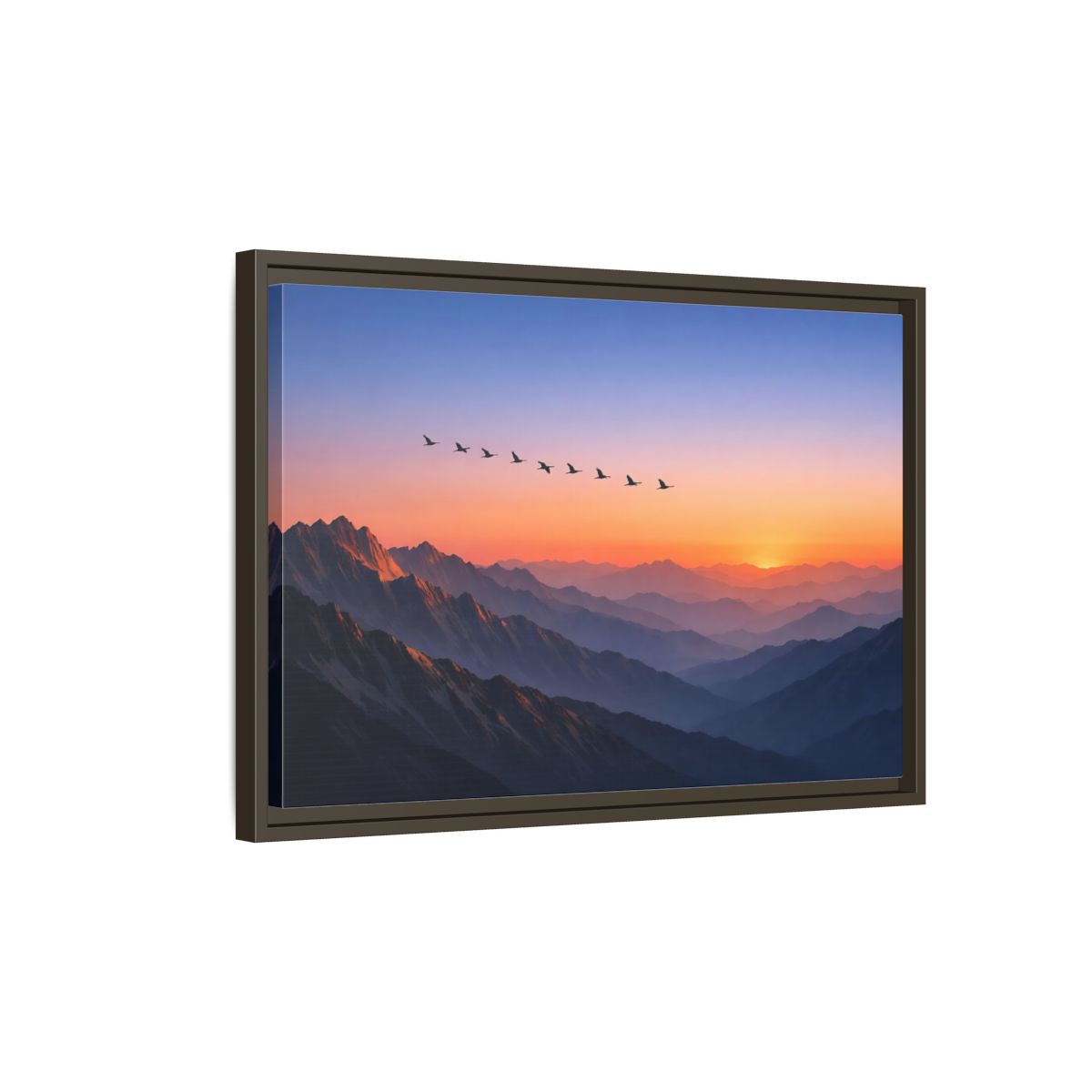 Side Mockup 2. Nature Mountain Landscape Vibrant Mountain Sunset shown as stretched canvas wall art