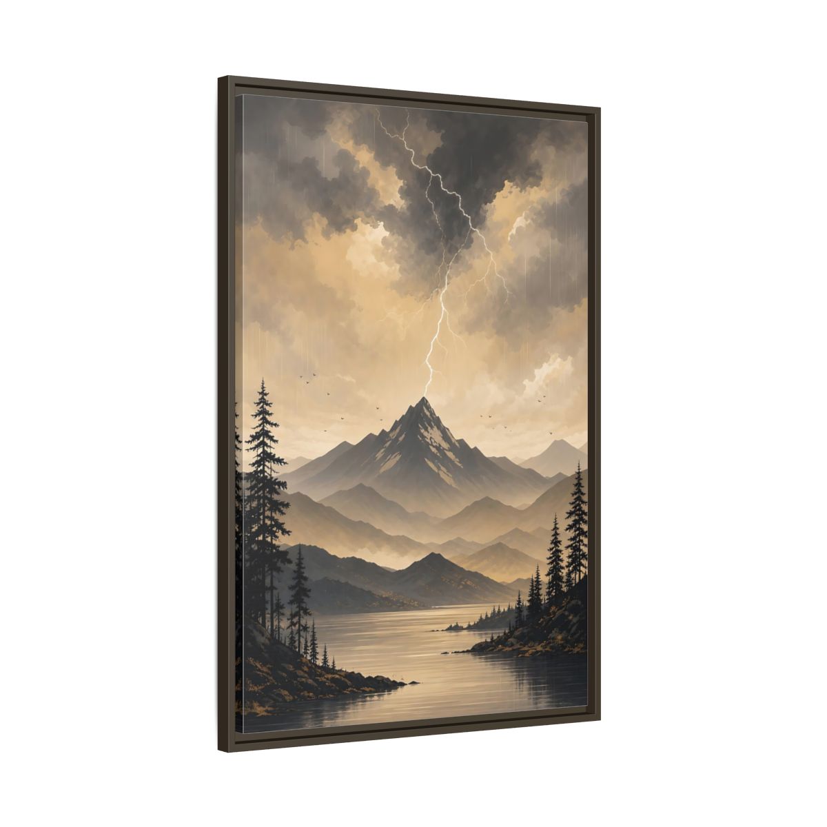 Main Mockup. Nature Mountain Lightning Grey And Gold shown as stretched canvas wall art