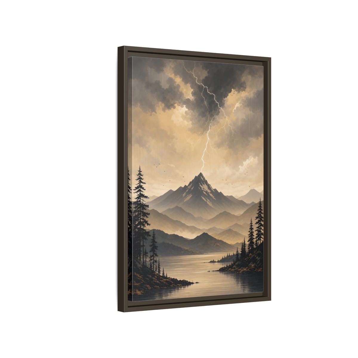 Side Mockup 2. Nature Mountain Lightning Grey And Gold shown as stretched canvas wall art