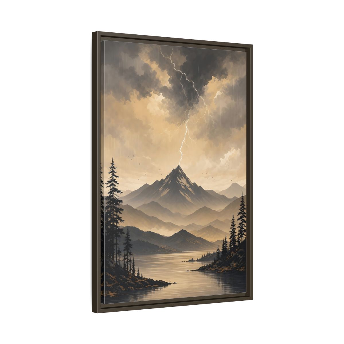 Side Mockup 11. Nature Mountain Lightning Grey And Gold shown as stretched canvas wall art