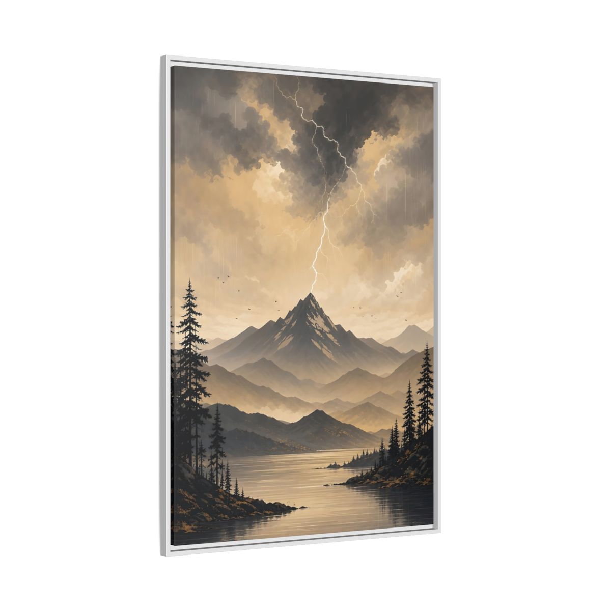 Side Mockup 7. Nature Mountain Lightning Grey And Gold shown as stretched canvas wall art