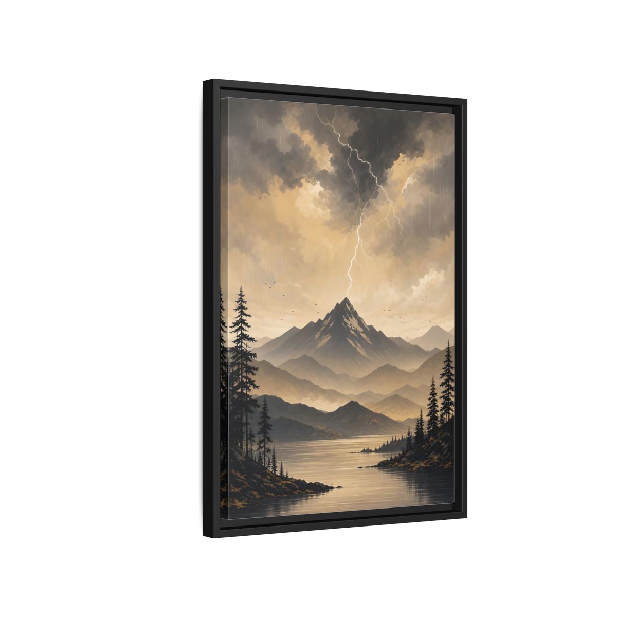 Side Mockup 3. Nature Mountain Lightning Grey And Gold shown as stretched canvas wall art