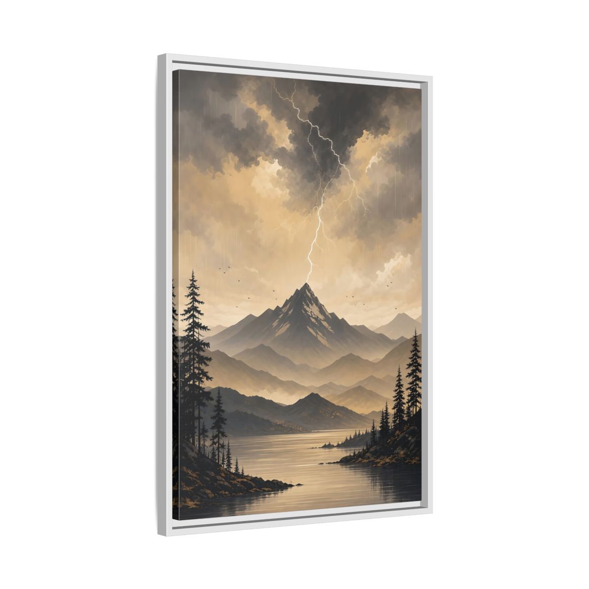 Side Mockup 10. Nature Mountain Lightning Grey And Gold shown as stretched canvas wall art