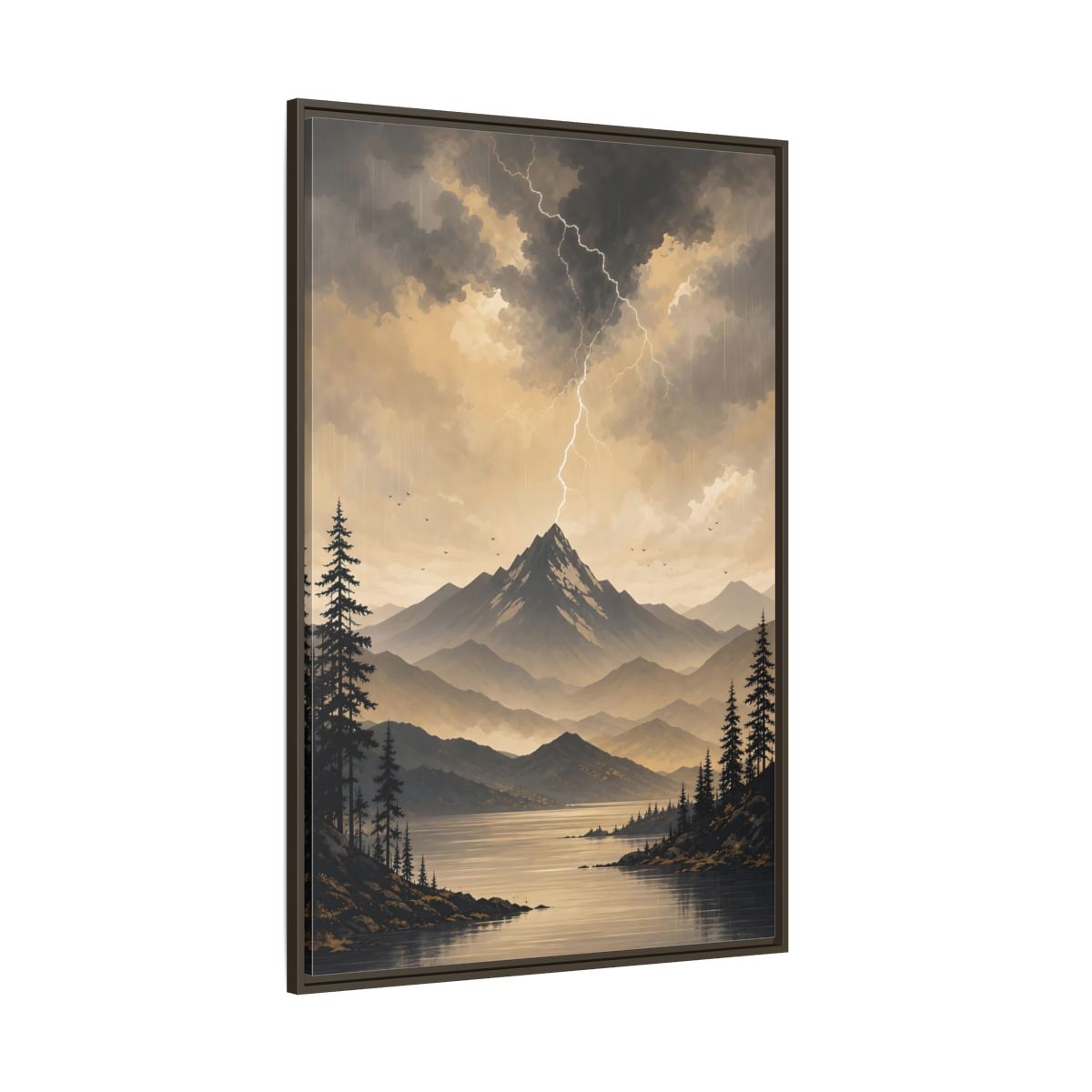 Side Mockup 8. Nature Mountain Lightning Grey And Gold shown as stretched canvas wall art