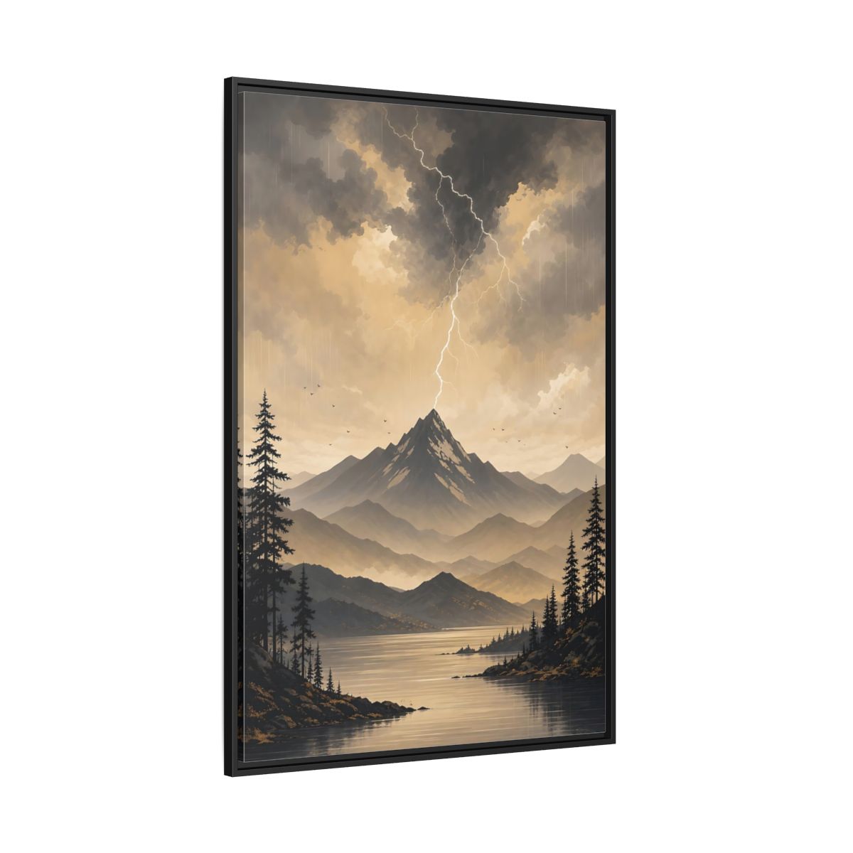 Side Mockup 12. Nature Mountain Lightning Grey And Gold shown as stretched canvas wall art