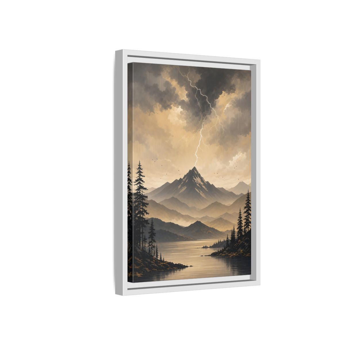 Side Mockup 4. Nature Mountain Lightning Grey And Gold shown as stretched canvas wall art