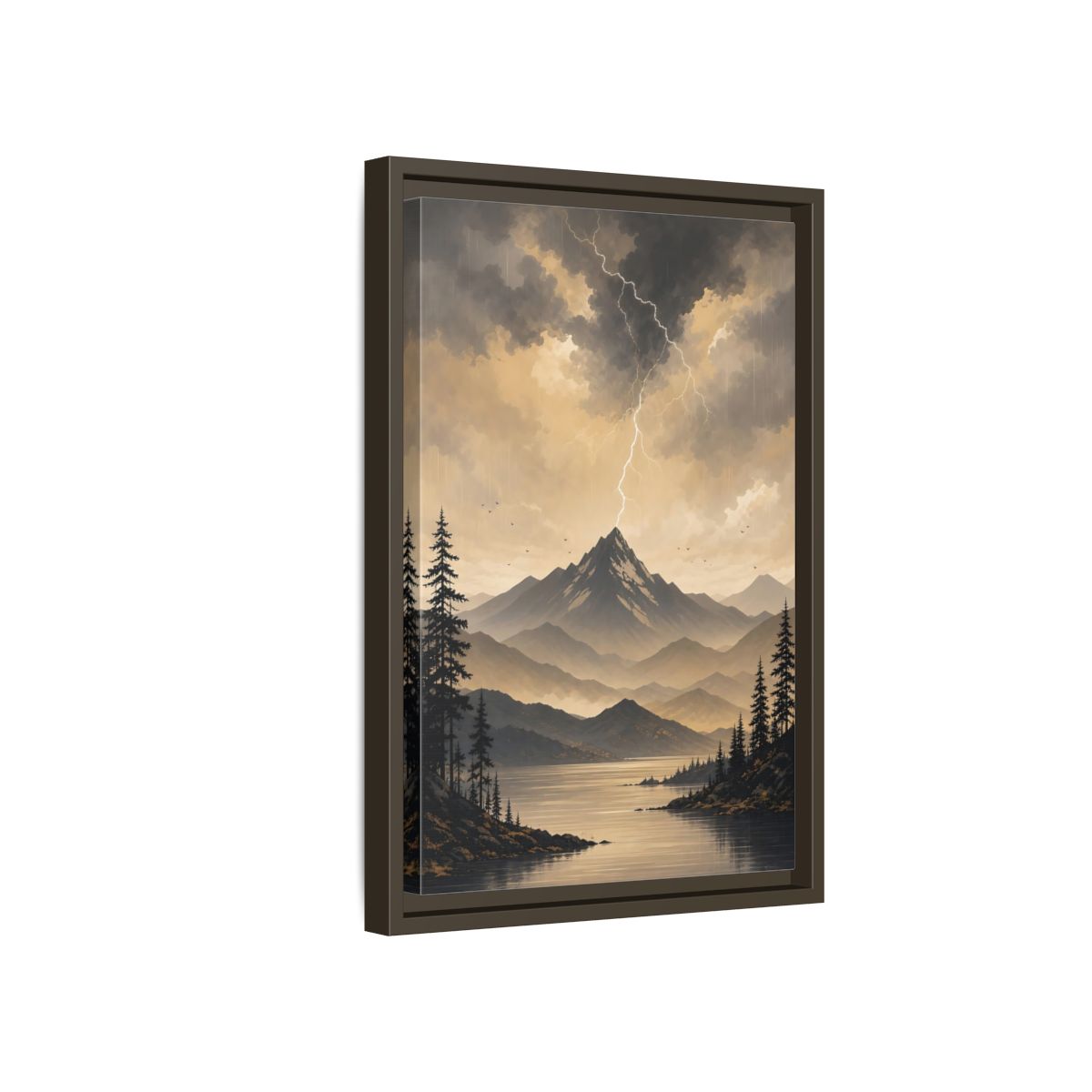 Side Mockup 5. Nature Mountain Lightning Grey And Gold shown as stretched canvas wall art