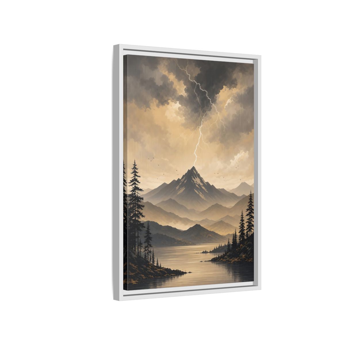 Side Mockup 1. Nature Mountain Lightning Grey And Gold shown as stretched canvas wall art