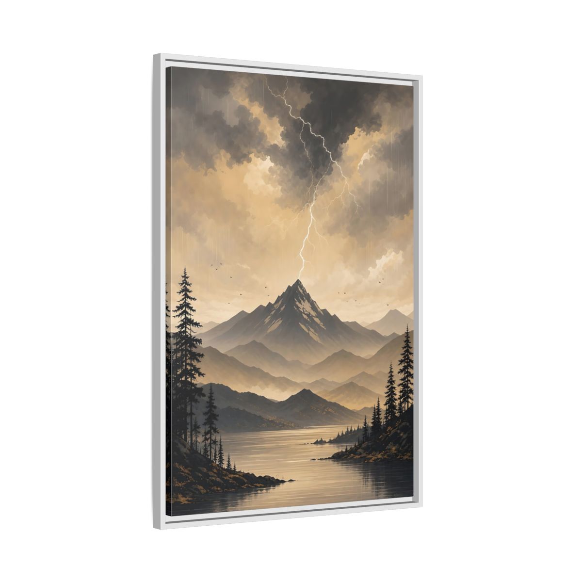 Side Mockup 9. Nature Mountain Lightning Grey And Gold shown as stretched canvas wall art