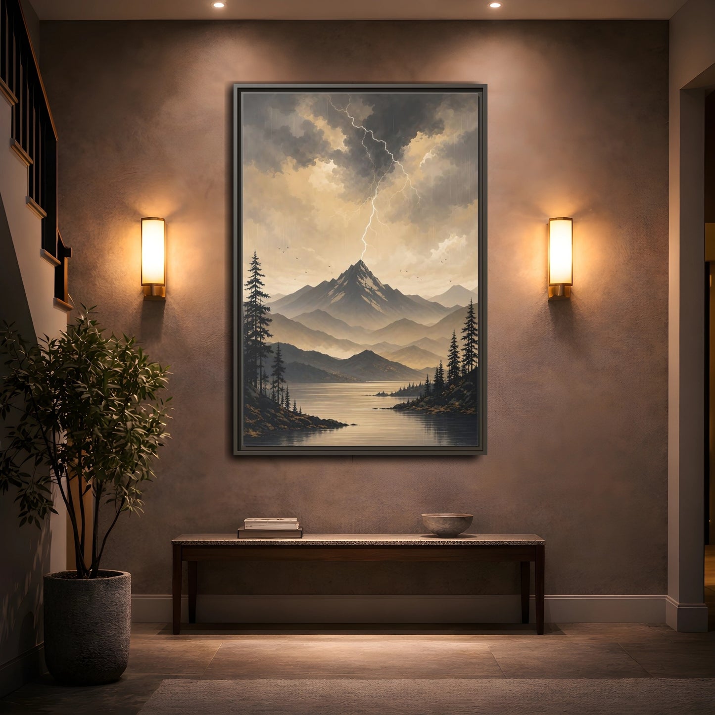 Mockup 2. Nature Mountain Lightning Grey And Gold shown as stretched canvas wall art