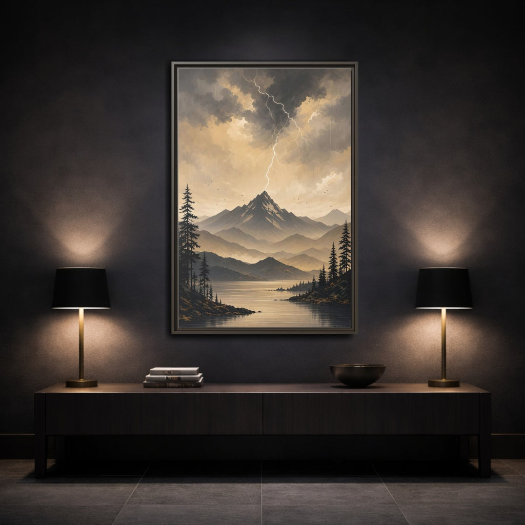 Mockup 3. Nature Mountain Lightning Grey And Gold shown as stretched canvas wall art