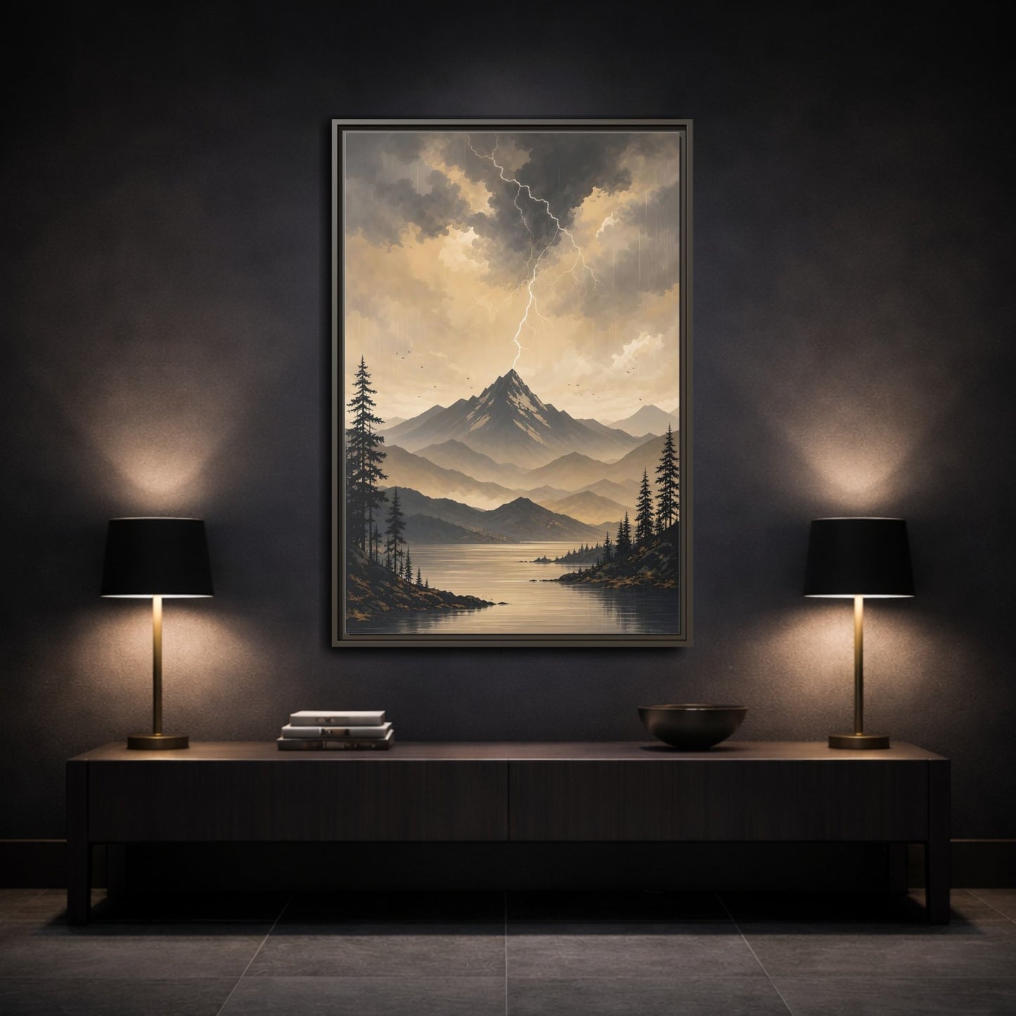 Mockup 3. Nature Mountain Lightning Grey And Gold shown as stretched canvas wall art