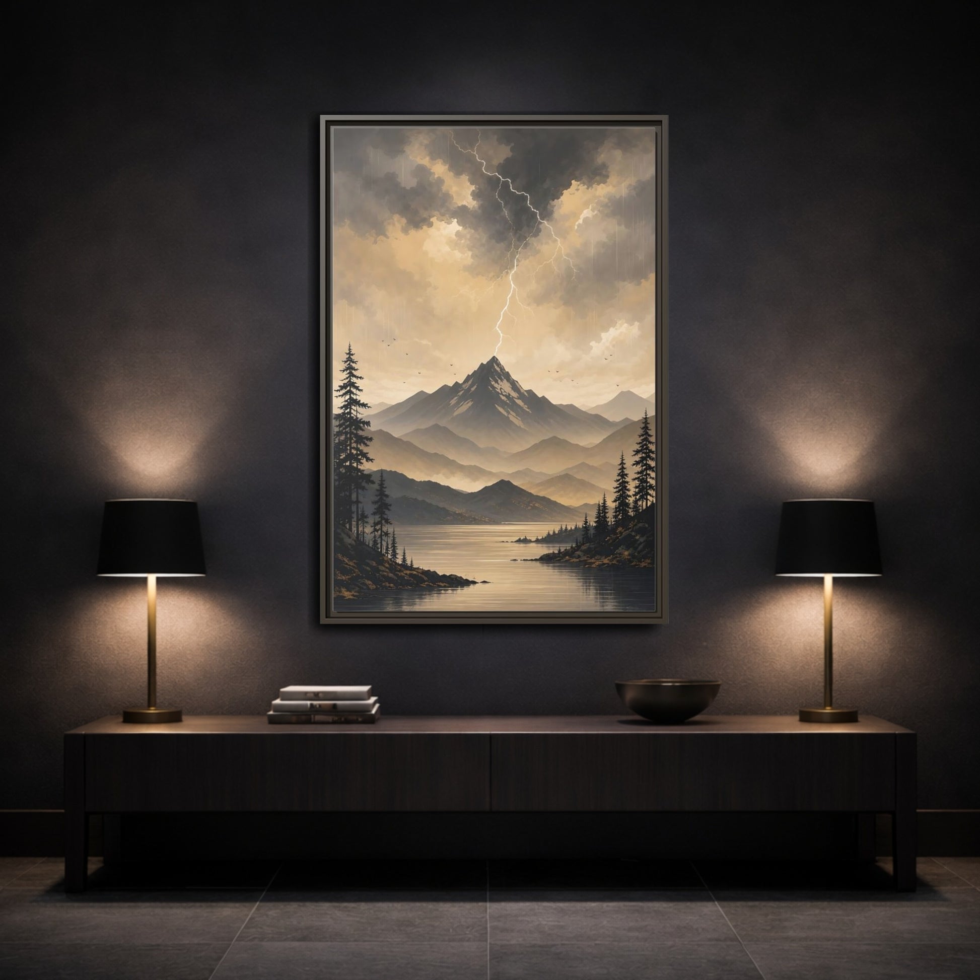 Mockup 3. Nature Mountain Lightning Grey And Gold shown as stretched canvas wall art