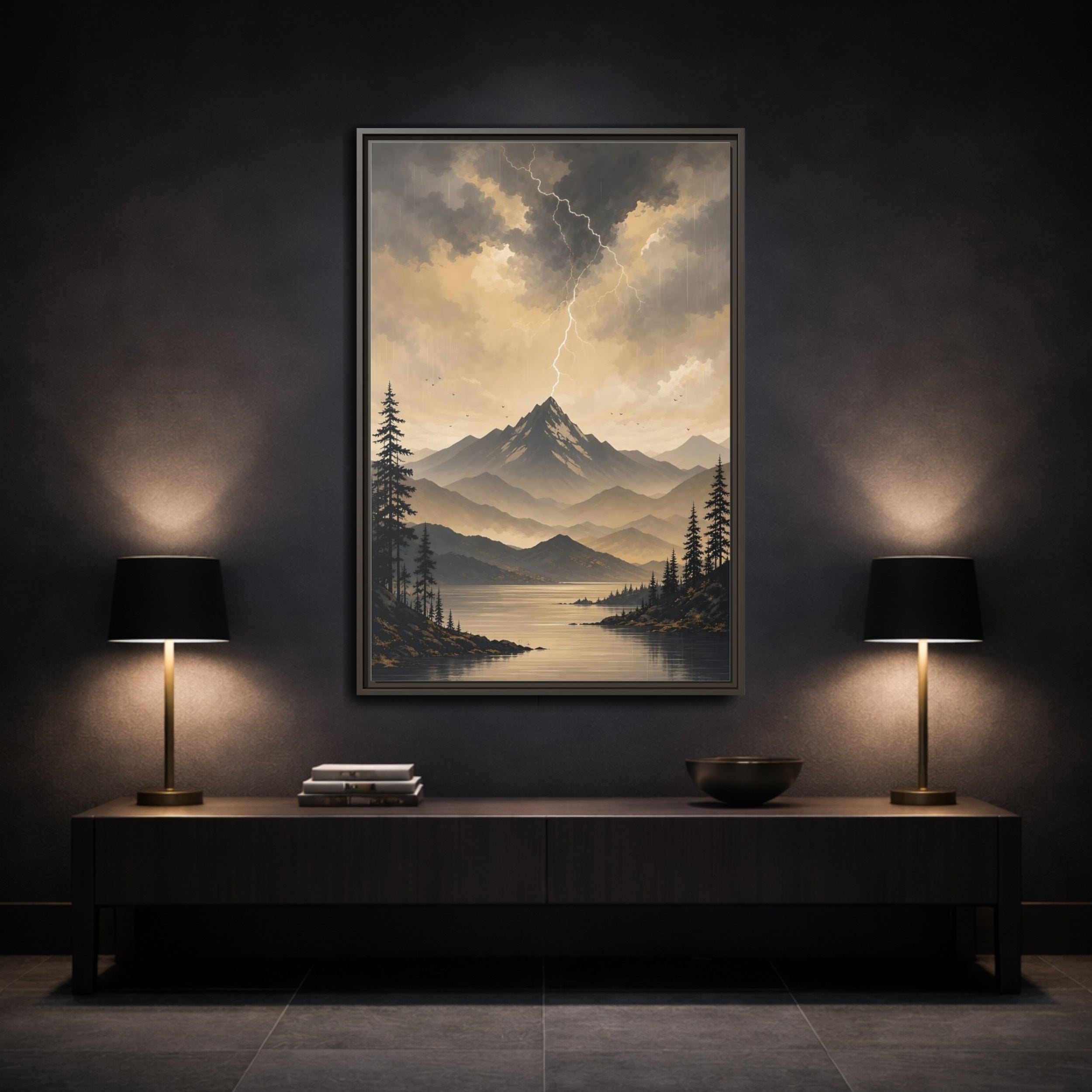 Mockup 3. Nature Mountain Lightning Grey And Gold shown as stretched canvas wall art