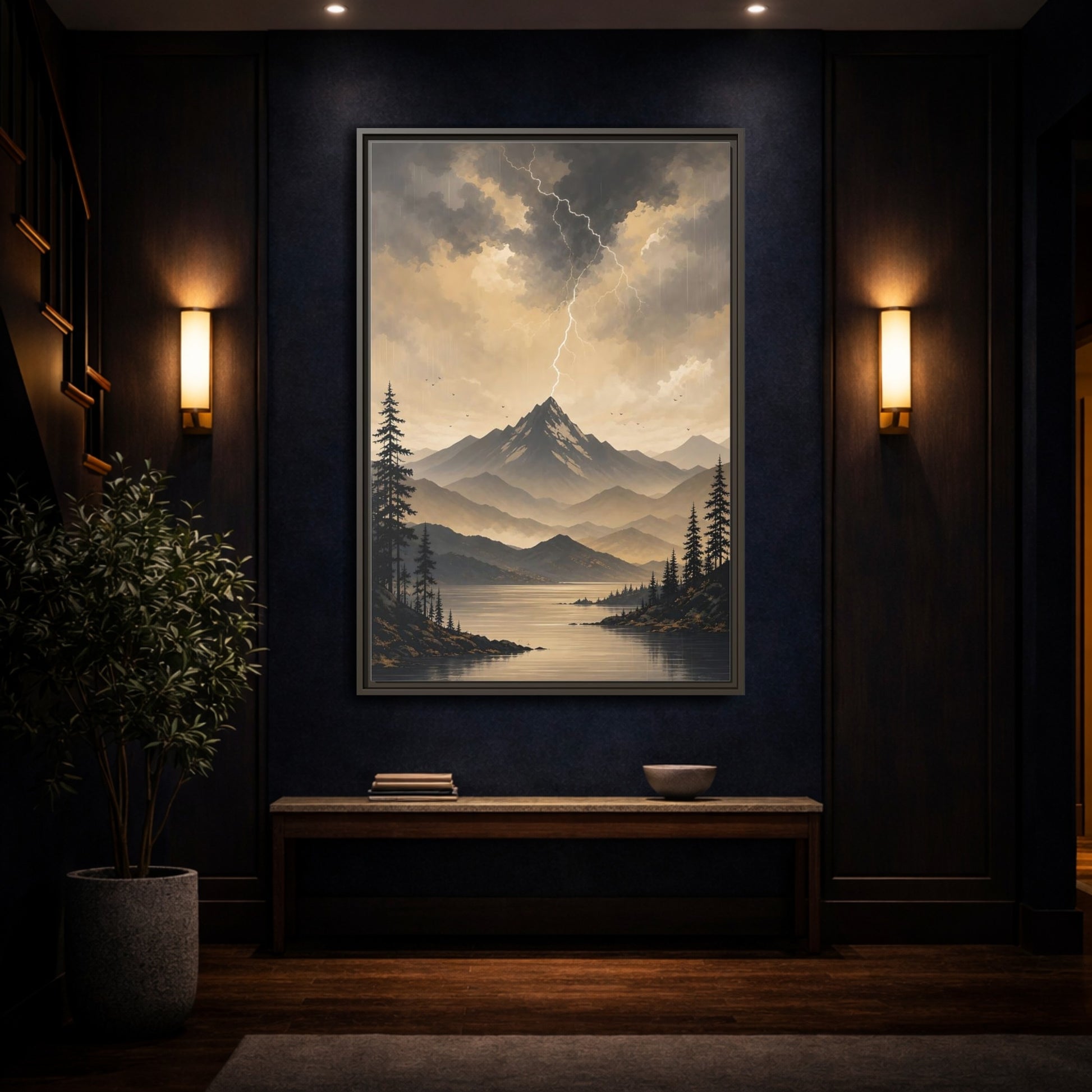 Mockup 4. Nature Mountain Lightning Grey And Gold shown as stretched canvas wall art