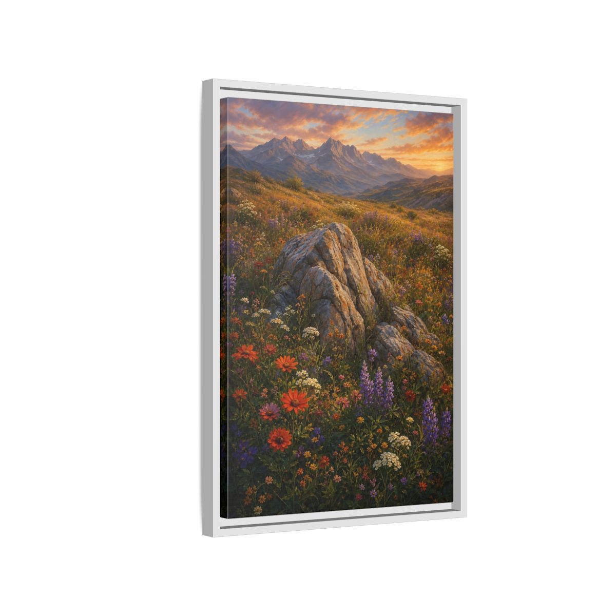 Side Mockup 1. Nature Mountain Meadow Colorful Mountain Meadow shown as stretched canvas wall art