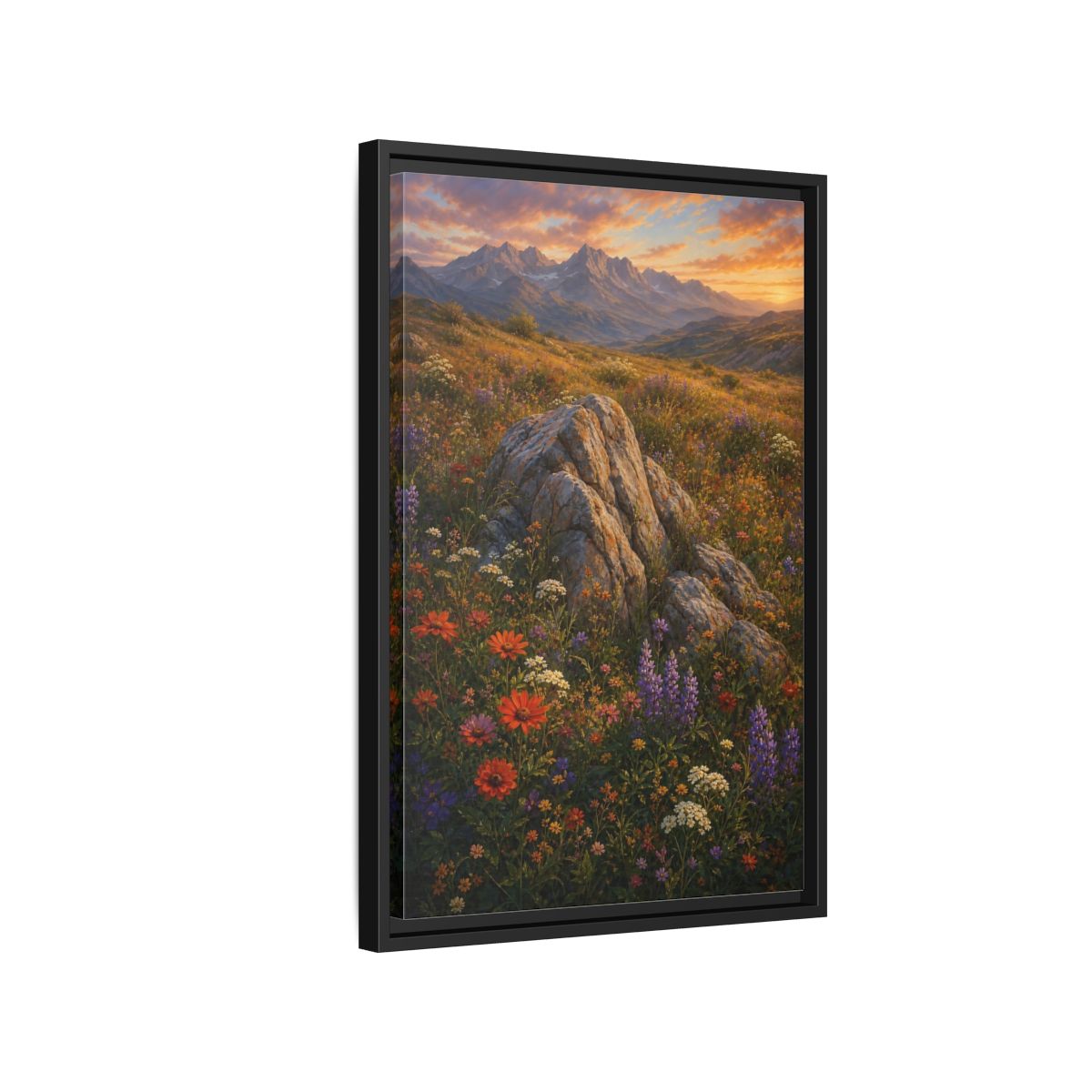 Side Mockup 3. Nature Mountain Meadow Colorful Mountain Meadow shown as stretched canvas wall art