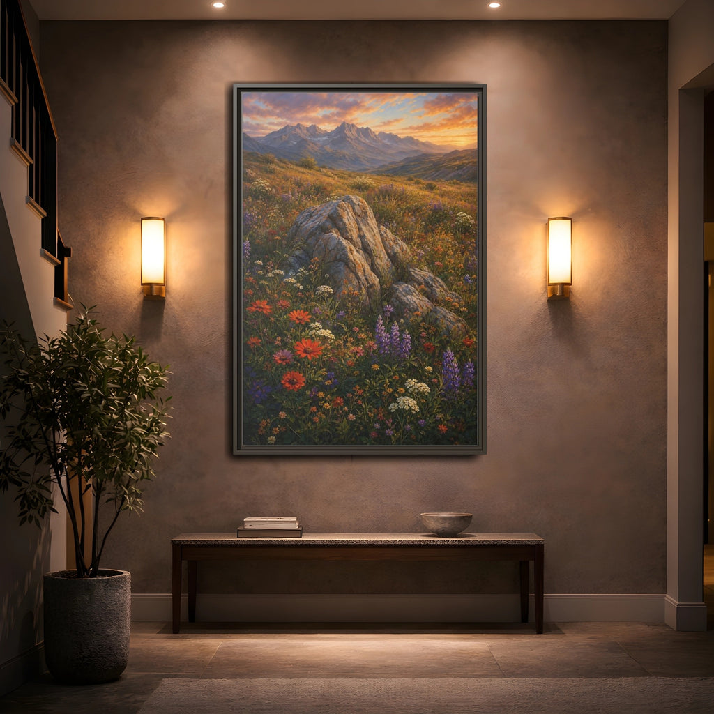Mockup 2. Nature Mountain Meadow Colorful Mountain Meadow shown as stretched canvas wall art