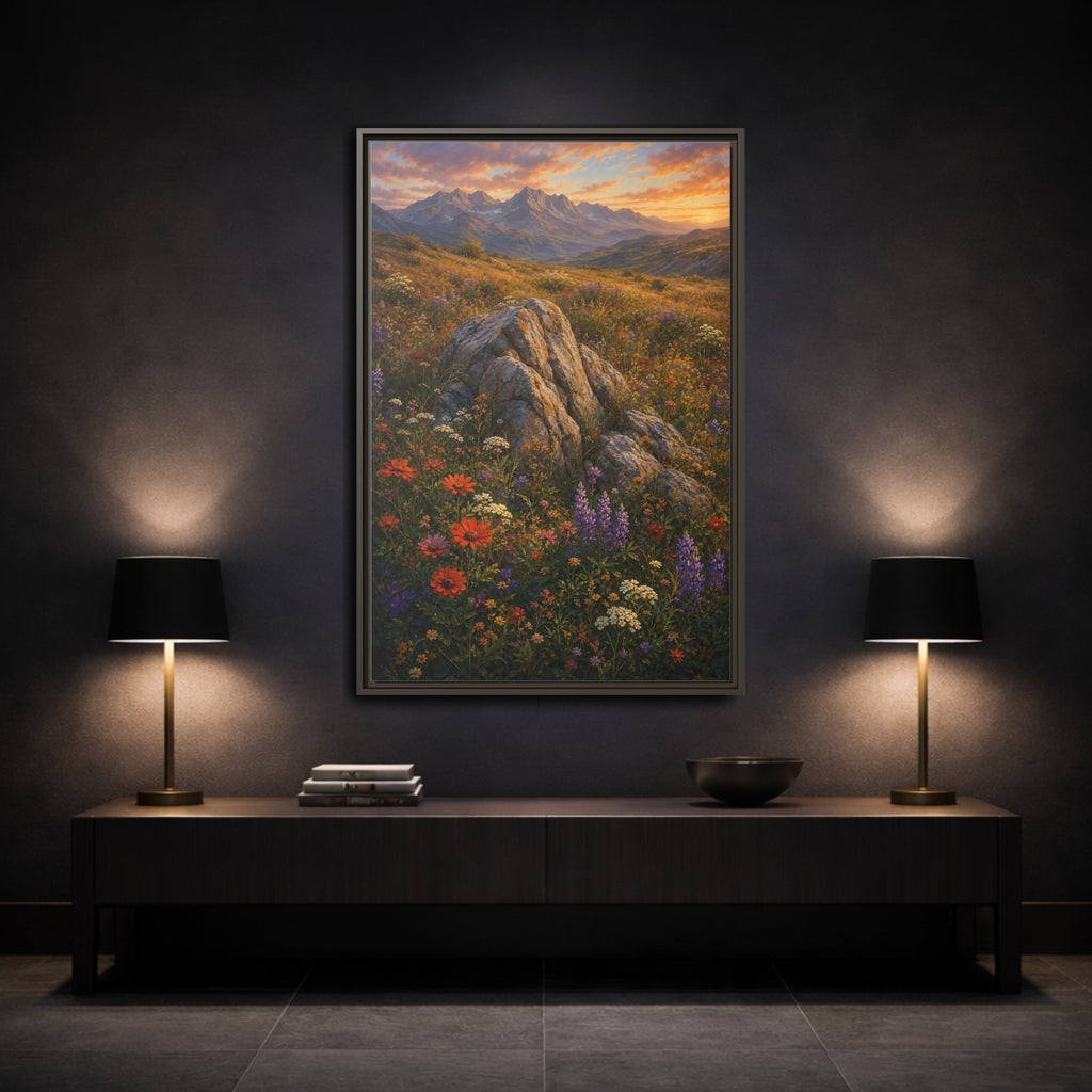 Mockup 3. Nature Mountain Meadow Colorful Mountain Meadow shown as stretched canvas wall art